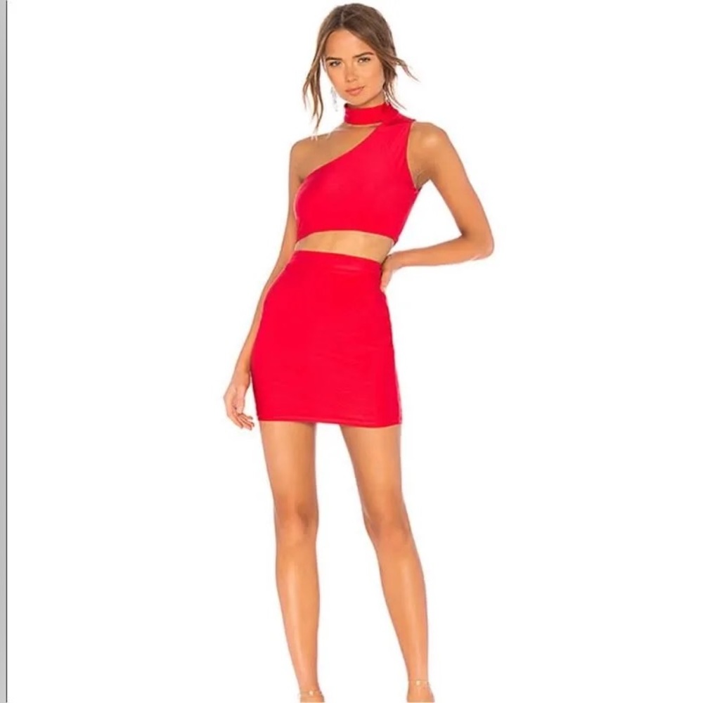 superdown Red One-Shoulder Crop Top and Mini Skirt Set